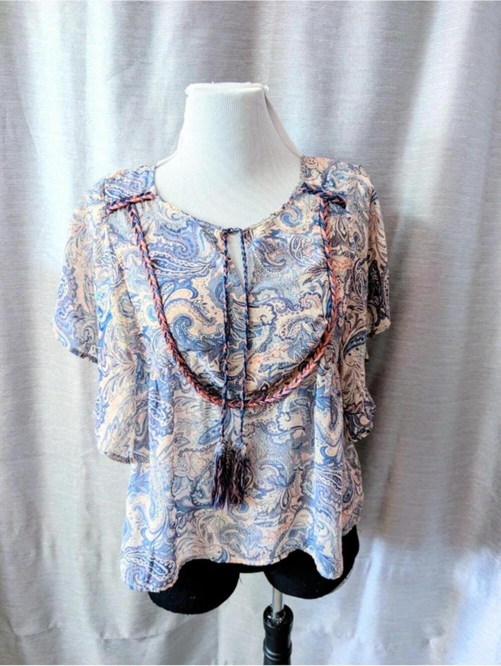 Blue Pink Sheer Chiffon Tassel Peasant Boho Top M
